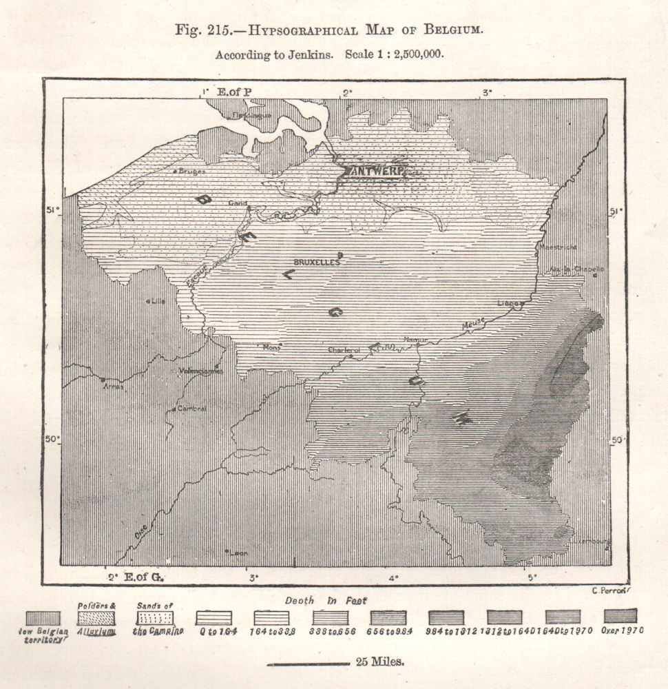 Hypsographical Map of Belgium. Elevation. Sketch map 1885 old antique